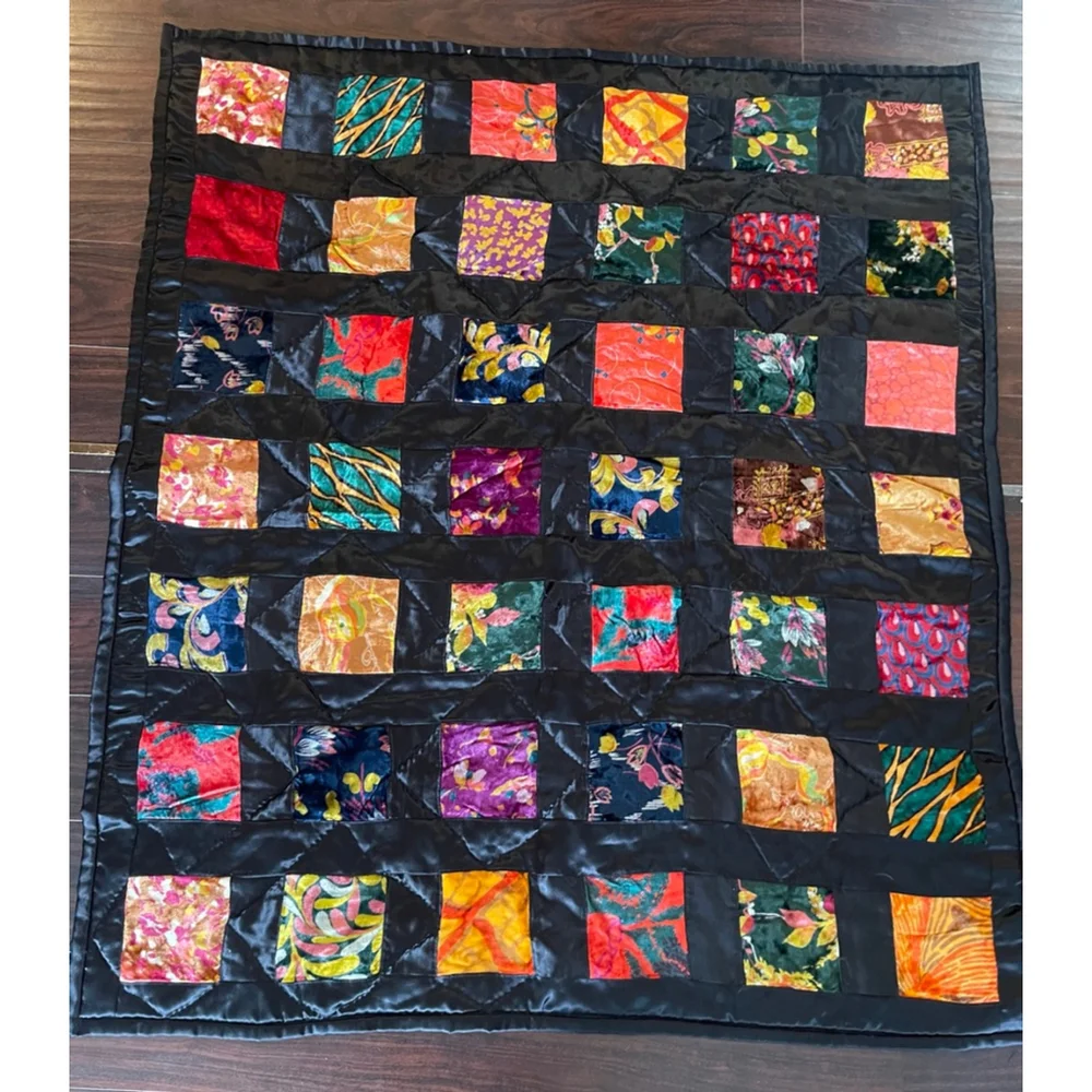 Vintage 60s Boho Patchwork Velvet Quilt Throw + Pillow Sham India Decor